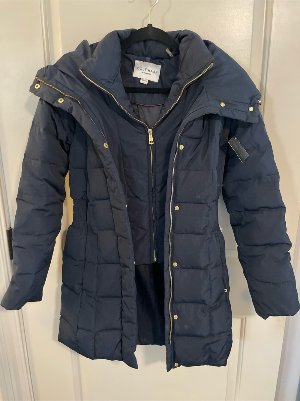 Cole Haan Navy Quilted Puffer Coat with Gold Hardware